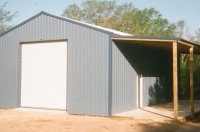 30x40x12, 12\' lean-to, Hawaiian blue walls, gallery trim, white roof